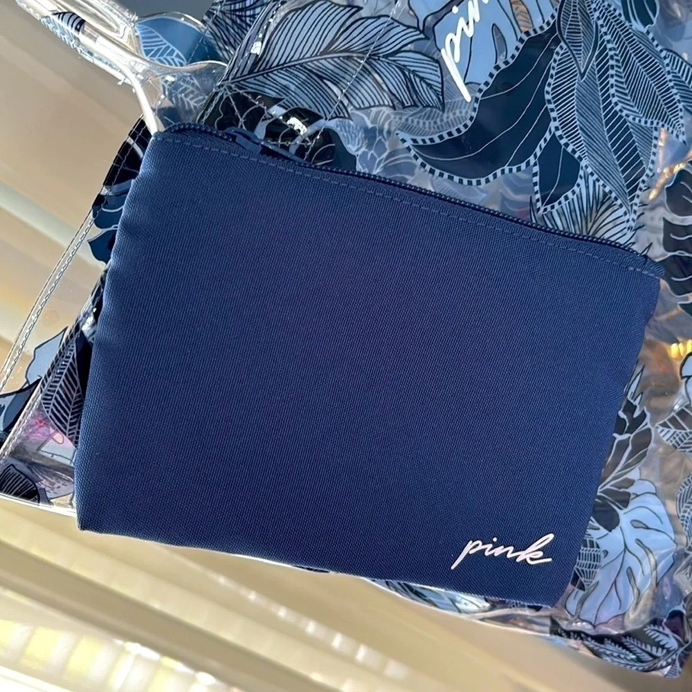 Brand New Pink Victoria’s Secret Blue Tropical Palm Clear Beach Tote Waterproof